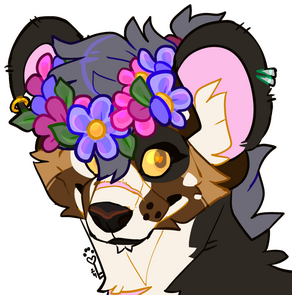 id: a digital portrait of Aspen "Hawkfire" Rocana the african wild dog. she has mottled brown, black, and white fur, with a grey mane. the insides of their larged, pierced ears are light pink. her muzzle and neck are scarred, and eyes are orange /end id