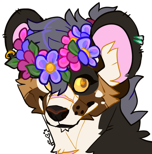 id: a digital portrait of Aspen "Hawkfire" Rocana the african wild dog. she has mottled brown, black, and white fur, with a grey mane. the insides of their larged, pierced ears are light pink. her muzzle and neck are scarred, and eyes are orange /end id