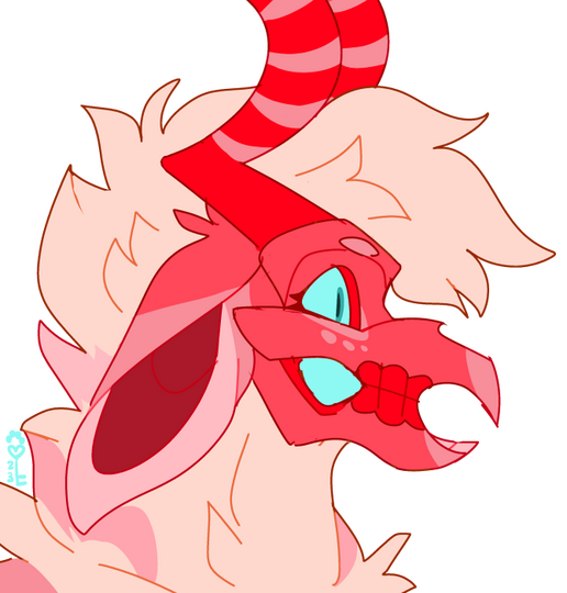 id: a digital portrait drawing of Azalea the chittercida. she is creature with long fur, a fluffy mane, big droopy ears, and a goat-like skull with large horns curved sharply like question marks. their fur is pale pink with darker pink stripes /end id