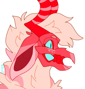 id: a digital portrait drawing of Azalea the chittercida. she is creature with long fur, a fluffy mane, big droopy ears, and a goat-like skull with large horns curved sharply like question marks. their fur is pale pink with darker pink stripes /end id