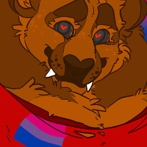 id: a digital portrait drawing of Chuck the brown bear. he has large muscles, brown fur, thick brows, white fangs, a dark brown nose, and black eyes. he wears a ripped red shirt with the bisexual flag beneath the collar, smiling at the viewer /end id