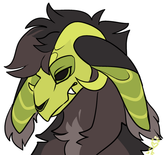 id: a digital portrait drawing of Cypress the rentii. he has a green skull-like face with large ram horns, long floppy ears, and fluffy black fur. Cypress looks at the viewer with hollow eyes, head tilted down /end id