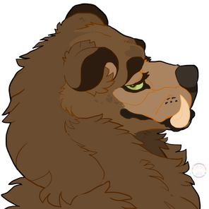 id: a digital portrait drawing of Aloysius the tusked grizzly bear. their fur is brown with a light brown upper muzzle, cream brows and lashes, dark brown nose, green eyes, and ivory tusks /end id