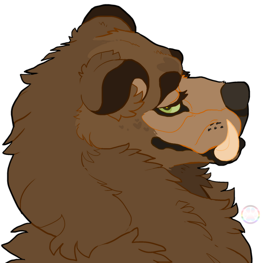 id: a digital portrait drawing of Aloysius the tusked grizzly bear. their fur is brown with a light brown upper muzzle, cream brows and lashes, dark brown nose, green eyes, and ivory tusks /end id