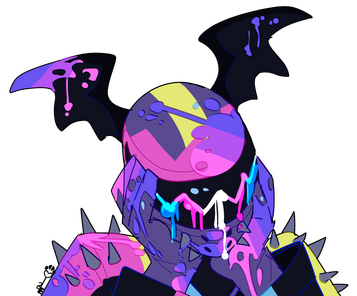 id: a digital portrait sketch of the Roadracer, a humanoid demon. he wears a purple motorcycle racing suit with pink, blue, and yellow markings, grey spiked shoulders, and small black wings adorning his helmet. the helmet's black visor is a mouth /end id