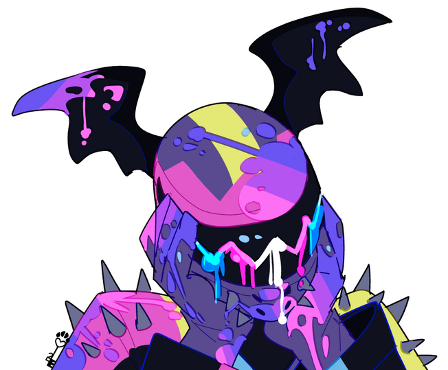 id: a digital portrait sketch of the Roadracer, a humanoid demon. he wears a purple motorcycle racing suit with pink, blue, and yellow markings, grey spiked shoulders, and small black wings adorning his helmet. the helmet's black visor is a mouth /end id