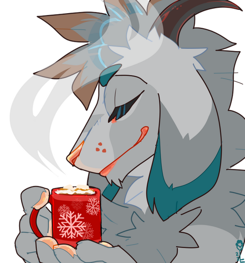 id: a digital portrait drawing of Argent the goat/wolf mix. he appears mostly caprine, with black horns, long fluffy grey fur, and darker grey accents. the fringe of his mane is pale brown, his brows and long floppy ear tips are teal /end id