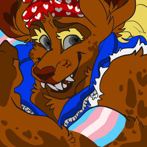 id: a digital portrait drawing of Marissa the mouse. she has large muscles, brown fur with dark brown splotches, gold eyelashes and mane, rusty brown nose, off white teeth, and grey eyes. she wears a blue jacket with the arms ripped off /end id