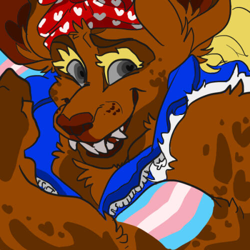 id: a digital portrait drawing of Marissa the mouse. she has large muscles, brown fur with dark brown splotches, gold eyelashes and mane, rusty brown nose, off white teeth, and grey eyes. she wears a blue jacket with the arms ripped off /end id