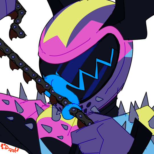 id: a digital bust of the Roadracer, a parasitic alien using a human host. he is wearing a spiked motorcycle racing suit with bright pink, blue, and yellow markings. its gloves are purple. his helmet's visor cracks open like a mouth /end id