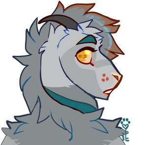 id: a digital portrait drawing of Argent the goat/wolf mix. he appears mostly caprine, with black horns, long fluffy grey fur, and darker grey accents. the fringe of his mane is pale brown, his brows and long floppy ear tips are teal /end id