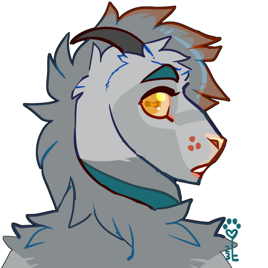 id: a digital portrait drawing of Argent the goat/wolf mix. he appears mostly caprine, with black horns, long fluffy grey fur, and darker grey accents. the fringe of his mane is pale brown, his brows and long floppy ear tips are teal /end id
