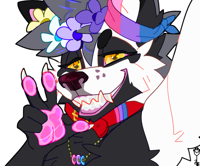 id: a digital portrait drawing of Jinx the wolf. her fluffy fur is white, with black ears, eye spots, lower jaw, underbelly, and lower arms. their large mane is grey, black nose, pink paws, and yellow eyes. Jinx wears a red collar with the bi flag /end id