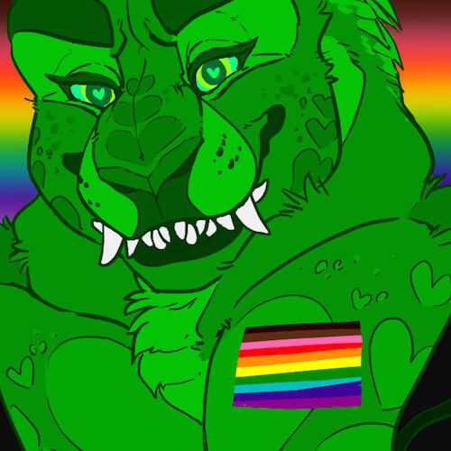 id: digital portrait drawing of Terry the tyrannosaurus rex. he has large muscles, green eyes, thick brows, white fangs, bright green scales, and a thin coating of proto-feathers. he wears a gay pride flag on his left pectoral, smiling at the viewer /end