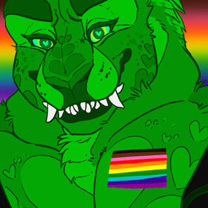 id: digital portrait drawing of Terry the tyrannosaurus rex. he has large muscles, green eyes, thick brows, white fangs, bright green scales, and a thin coating of proto-feathers. he wears a gay pride flag on his left pectoral, smiling at the viewer /end