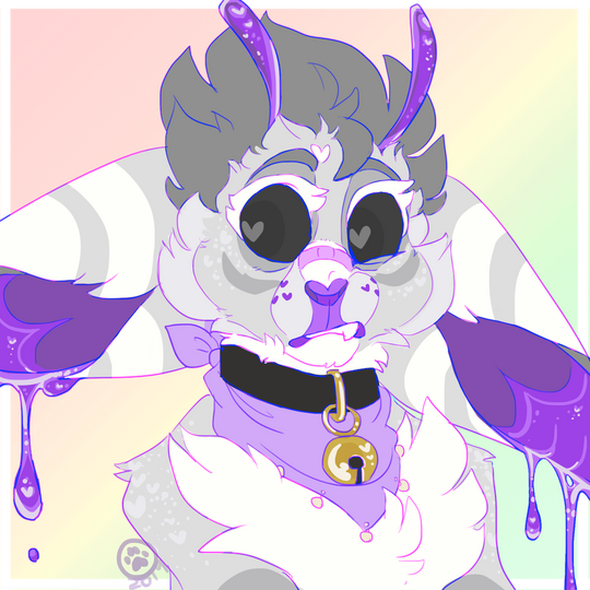 id: a digital portrait drawing of Marlon the snail creature. he is somewhat feline in appearance, with silver / white fluffy fur. he has two purple antennae, and large ears dripping purple goo. he wears a lavender bandanna, and black bell collar /end id