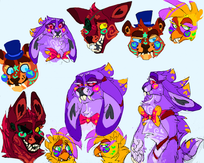id: several mixed media sketches of speculative designs for Glamrock Freddy (brown, blue, cyan), Bonnie (purple, pink, gold), Chica (yellow, purple, green), and Foxy (maroon, red, cyan) /end id