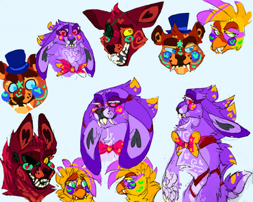 id: several mixed media sketches of speculative designs for Glamrock Freddy (brown, blue, cyan), Bonnie (purple, pink, gold), Chica (yellow, purple, green), and Foxy (maroon, red, cyan) /end id