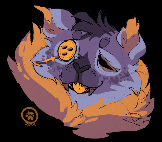 id: a mixed media portrait sketch of Seam the darkner from Deltarune. they are a feline creature with fluffy purple fur, dark orange mane, and stitches across their face. they are missing one bright orange button eye /end id