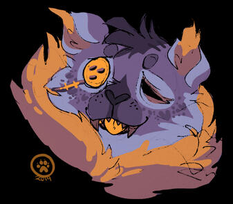 id: a mixed media portrait sketch of Seam the darkner from Deltarune. they are a feline creature with fluffy purple fur, dark orange mane, and stitches across their face. they are missing one bright orange button eye /end id