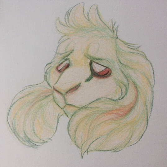 id: a traditional headshot drawing of Asriel Dreemurr from UTDR. he is a boss monster with fluffy, off-white fur, red eyes, and large floppy ears. he's depicted with a stressed and guilty expression, looking down and hiding behind his ears /end id