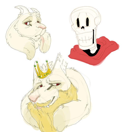 id: digital portrait drawings of Toriel and Asgore the boss monsters, and Papyrus the skeleton monster from Undertale /end id
