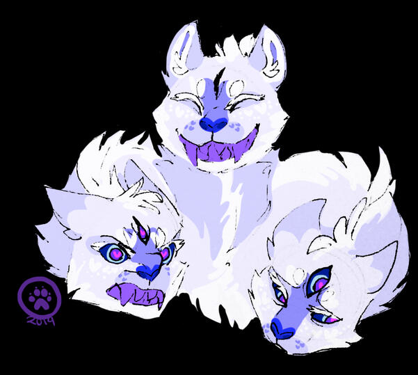 id: a mixed media portrait sketch of Clover the darkner from Deltarune. she is a feline hydra creature, with fluffy white fur with pale purple accents. each of her heads has three dark blue eyes, a blue nose, large purple fangs, and a periwinkle snout /end