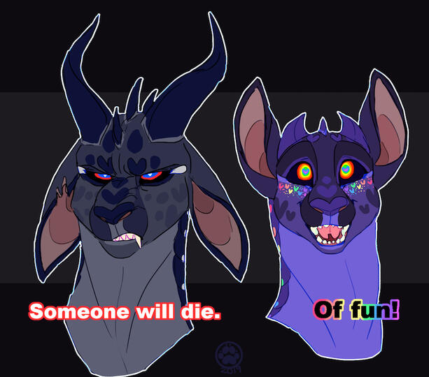id: Darkstalker sneers, glaring at the viewer, the text over him reads "Someone will die." Peacemaker grins happily at the viewer, the text over him reads "Of fun!" /end id