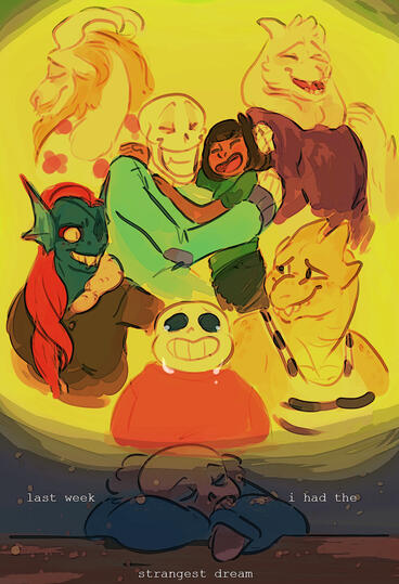 id: a digital painting of Sans the skeleton monster from UTDR. he is asleep on his arms, in a dim blue light while snow falls on him. text around him reads ''last week i had the strangest dream'' /end id