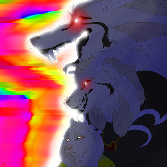 id: a digital portrait drawing of Asriel Dreemurr the boss monster and his two God of Hyperdeath forms from Undertale. Asriel is a goat-like creature with light cream fur, floppy ears, white fangs, and red eyes /end id