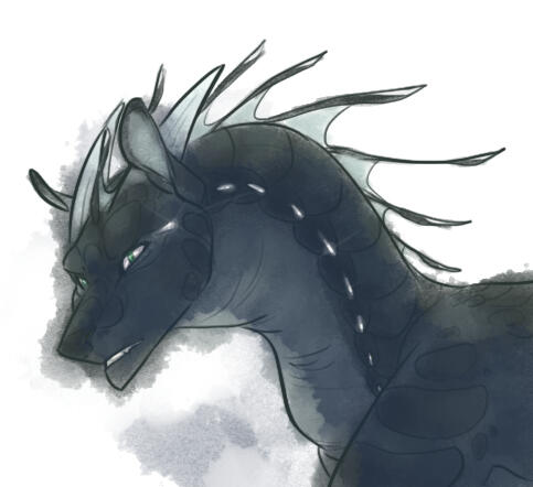 id: a digital portrait painting of Moonwatcher the nightwing from Wings of Fire. she is depicted in a messy watercolour style, color bleeding into the background behind her. Moon stares into the middle distance with a tense expression /end id
