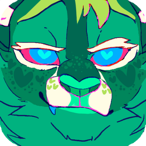 id: a digital headshot of Frillious the sparkledog. its fur is a minty green with dark green, yellow green, and cream markings. its nose is neon green and its eyes are blue and red /end id