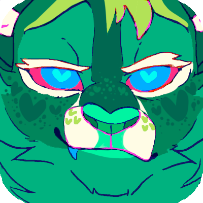 id: a digital headshot of Frillious the sparkledog. its fur is a minty green with dark green, yellow green, and cream markings. its nose is neon green and its eyes are blue and red /end id