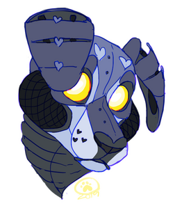 id: several digital sketches of Jukebox the animatronic dog. it stares at the viewer with bright yellow eyes, its head tilted so one of its segmented ears falls over its face /end id