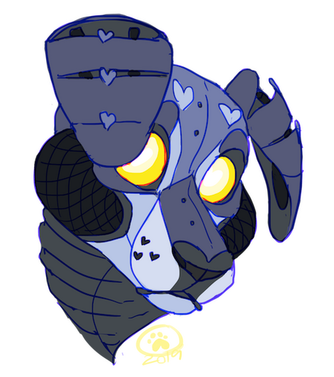 id: several digital sketches of Jukebox the animatronic dog. it stares at the viewer with bright yellow eyes, its head tilted so one of its segmented ears falls over its face /end id