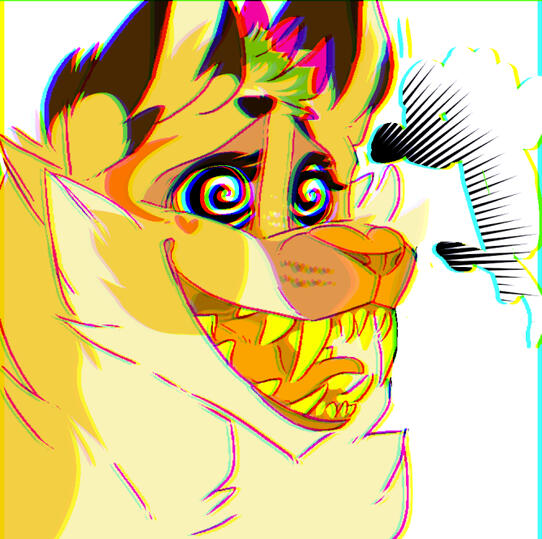 id: a mixed media portrait sketch of Frillious the sparkledog. it is depicted in its alternate form, which has golden fluffy fur, brown ears, pink and green head fur, and an orange crescent by its right eye. its nose and tongue are orange /end id