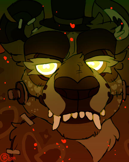 id: a digital portrait painting of Dreadbear the zombie bear animatronic from Five Nights at Freddy's. he is depicted in sickly green shadow, lit somewhat from below by red sparks, but mostly by his glowing yellow eyes, as he smiles at the viewer /end id