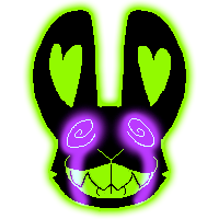 id: a digital headshot sketch of Glitchtrap the rabbit AI from Five Nights at Freddy's. he is depicted in black with glowing green teeth and inner ears. his eyes are glowing purple spirals /end id