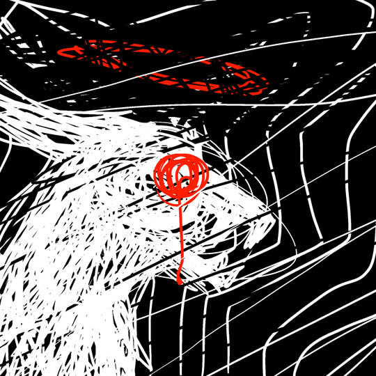 id: a digital portrait sketch of (nameless) the demon/dragon. it is depicted in a scribbled white silhouette against a black background, with its fangs bared, and a shattered red halo above its head. its visible eye is a red scribble /end id