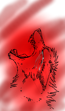 id: a digital portrait sketch of Nameless the demon dragon. it is depicted in a scribbled white silhouette against a black background, crying with its fangs bared, and a shattered red halo above its head. its visible eye is a red scribble /end id
