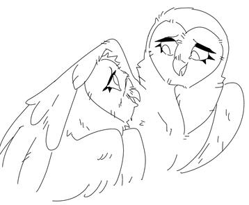 id: a digital uncolored portrait sketch of Eglantine and Coryn the barn owls from Guardians of Ga'Hoole. Eglantine is larger than Coryn, her wing draped over his shoulder as she smiles gently at him. Coryn grins back, his wings drawn forward /end id