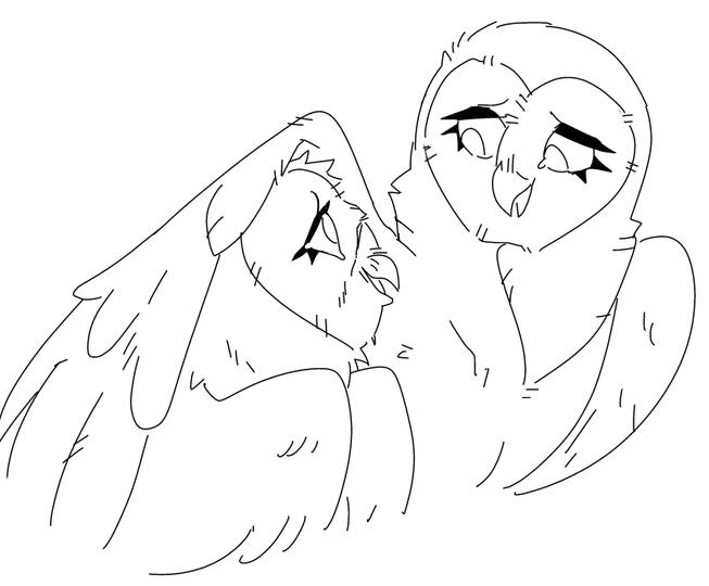 id: a digital uncolored portrait sketch of Eglantine and Coryn the barn owls from Guardians of Ga'Hoole. Eglantine is larger than Coryn, her wing draped over his shoulder as she smiles gently at him. Coryn grins back, his wings drawn forward /end id