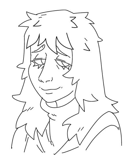 id: a digital uncolored portrait sketch of Anya the human from Mouthwashing. she has a somewhat long face, with tired baggy eyes and untidy shoulder length hair. she wears a turtleneck under a uniform, and looks at the viewer with a slight smile /end id