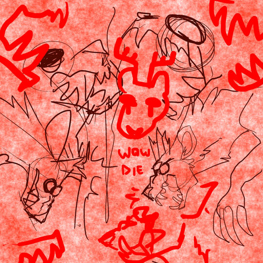 id: various digital sketches of Hospice the sparkledeer. some are in messy black lines, others in thick red. they all depict Hospice snarling in rage, with one calm chibi saying "wow die" in the middle /end id