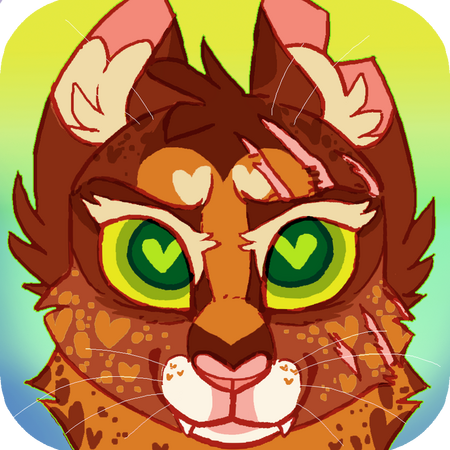 id: a digital headshot of Spotty the abyssinian cat. her fur is rusty brown with caramel and dark brown markings, cream accents, and white muzzle. her eyes are green, one of which is scarred with a claw mark /end id