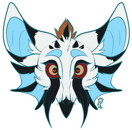 id: a digital headshot of Aldelphi the bearded vulture gryphon. she has a small black beak, blue jaw frills, and large ears with matching blue insides. long black feathers flow like tears from her eyes and hang from her face /end id