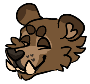 id: a digital headshot drawing of Pines the tusked grizzly bear. their fur is brown with a light brown upper muzzle, cream brows and lashes, dark brown nose, green eyes, and ivory tusks /end id