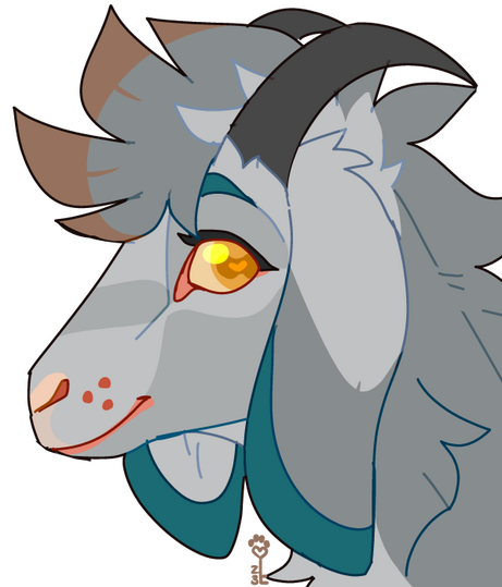 id: a digital portrait drawing of Argent the goat/wolf mix. he appears mostly caprine, with black horns, long fluffy grey fur, and darker grey accents. the fringe of his mane is pale brown, his brows and long floppy ear tips are teal /end id