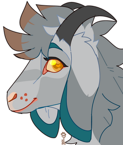 id: a digital portrait drawing of Argent the goat/wolf mix. he appears mostly caprine, with black horns, long fluffy grey fur, and darker grey accents. the fringe of his mane is pale brown, his brows and long floppy ear tips are teal /end id