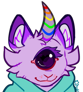id: a digital headshot of Atlas the felid alien. she resembles a fluffy cat with light purple fur, and darker tips on their ears. she has one large, dark purple eye, and one curved horn on their head. the horn is greyish purple with rainbow stripes /end id